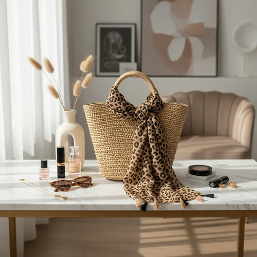 وشاح على حقيبة قش