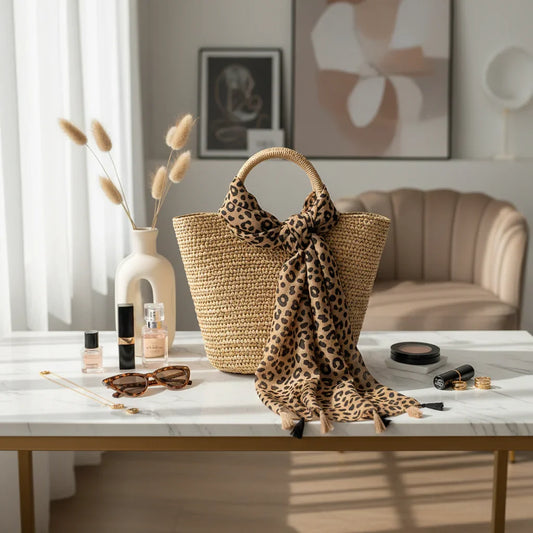 وشاح على حقيبة قش