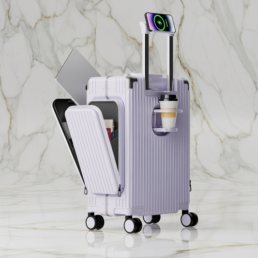 الحقيبة البنفسجية الفاتحة على خلفية رخامية