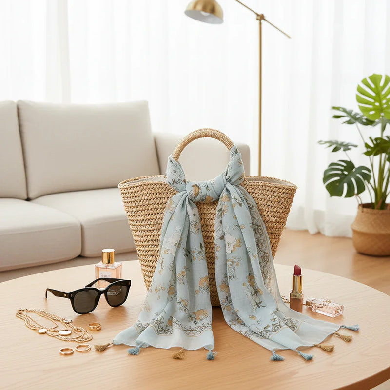 وشاح على حقيبة قش