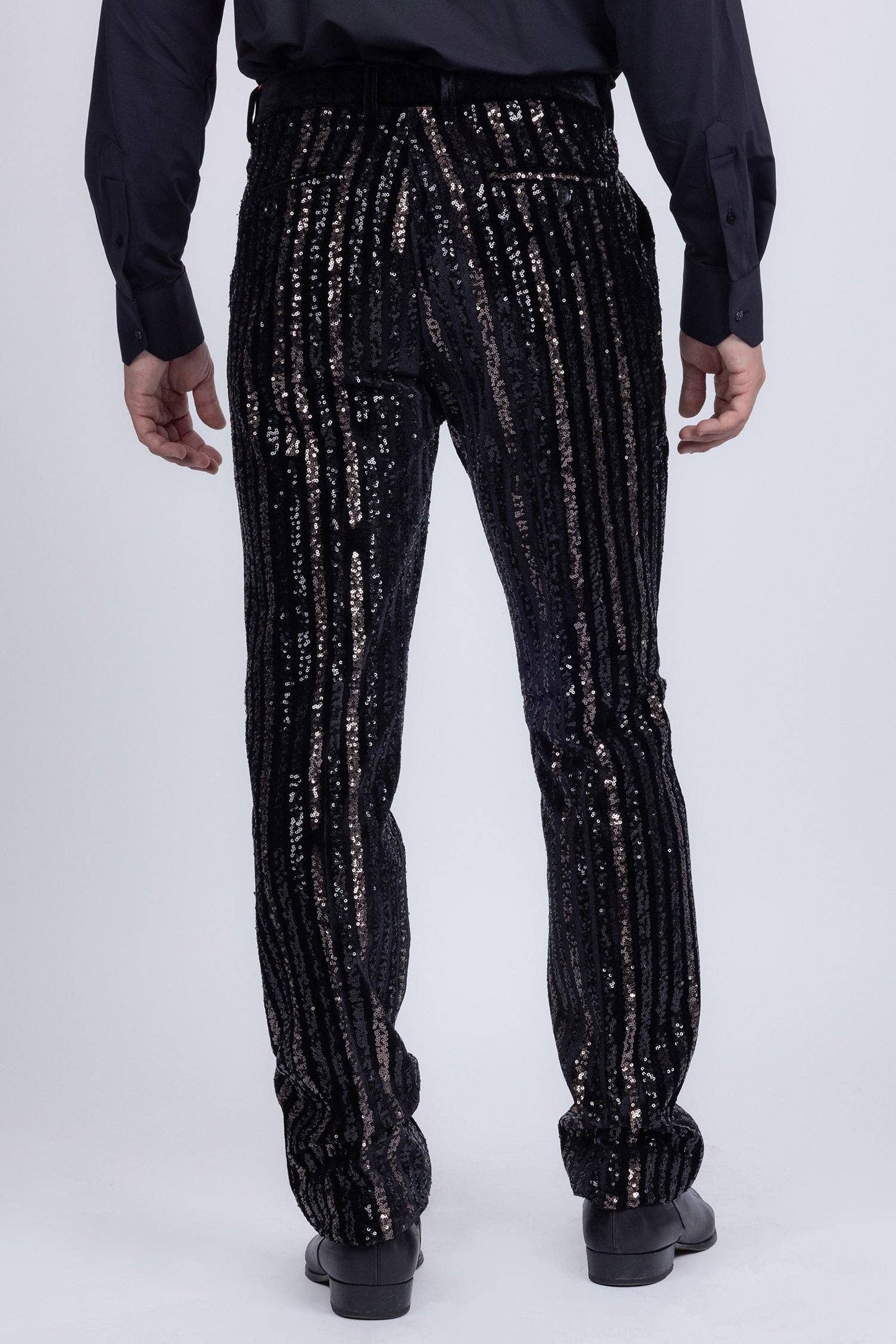 Men's Black Gunmetal Sequin Slim Fit Stretch Pants - Dazzling Party & Stage Wear