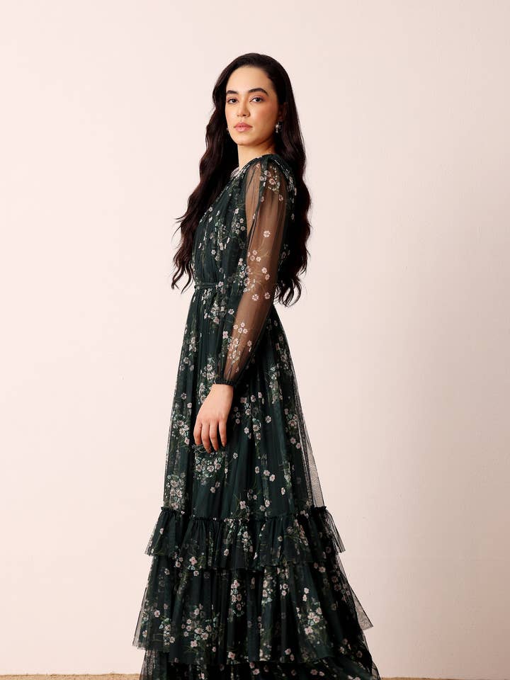 Elegant Emerald Floral Long Sleeve Maxi Dress | Pleated Tulle Gown for Special Occasions