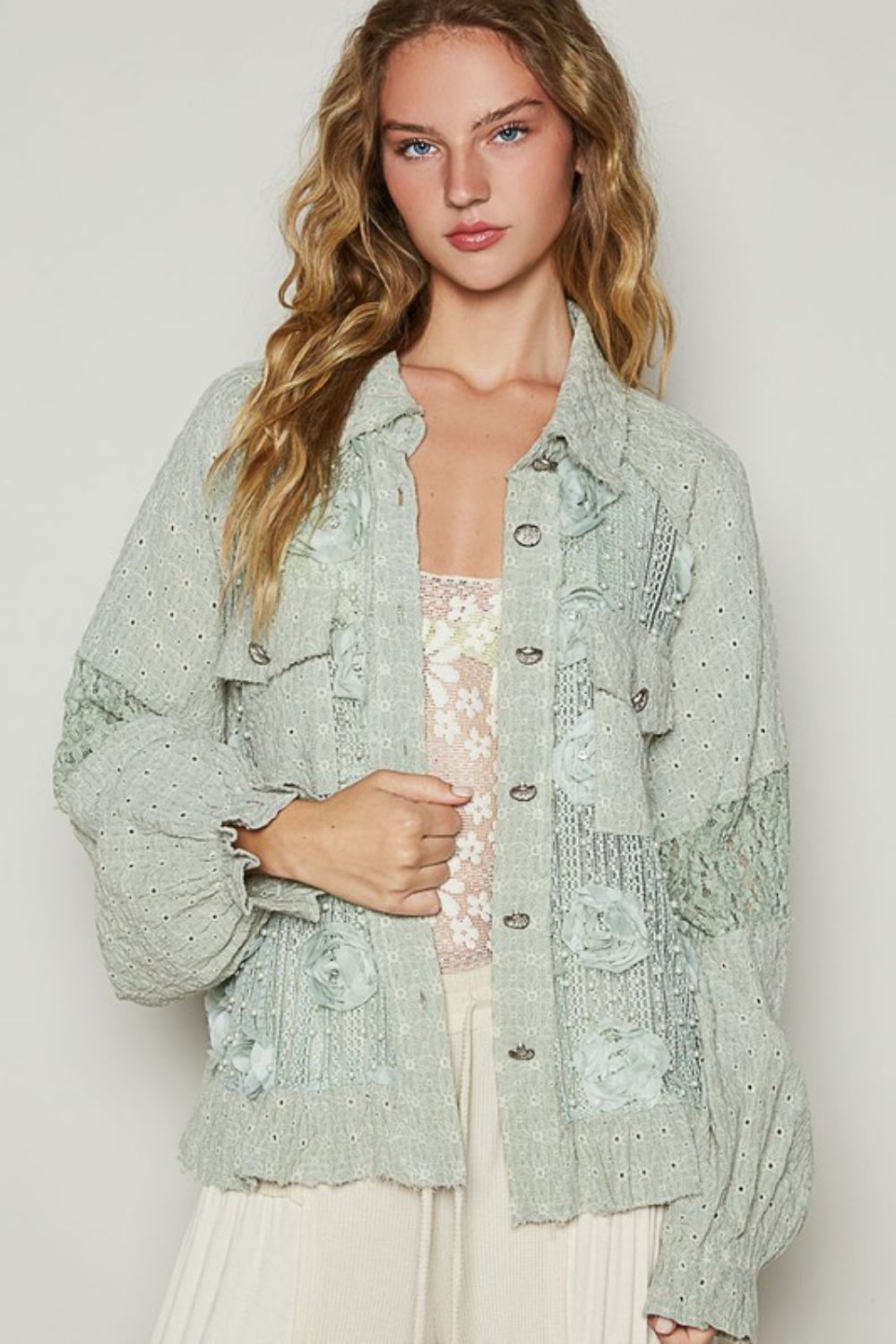 Flower Pearl Detail Lace Patchwork Shirt
