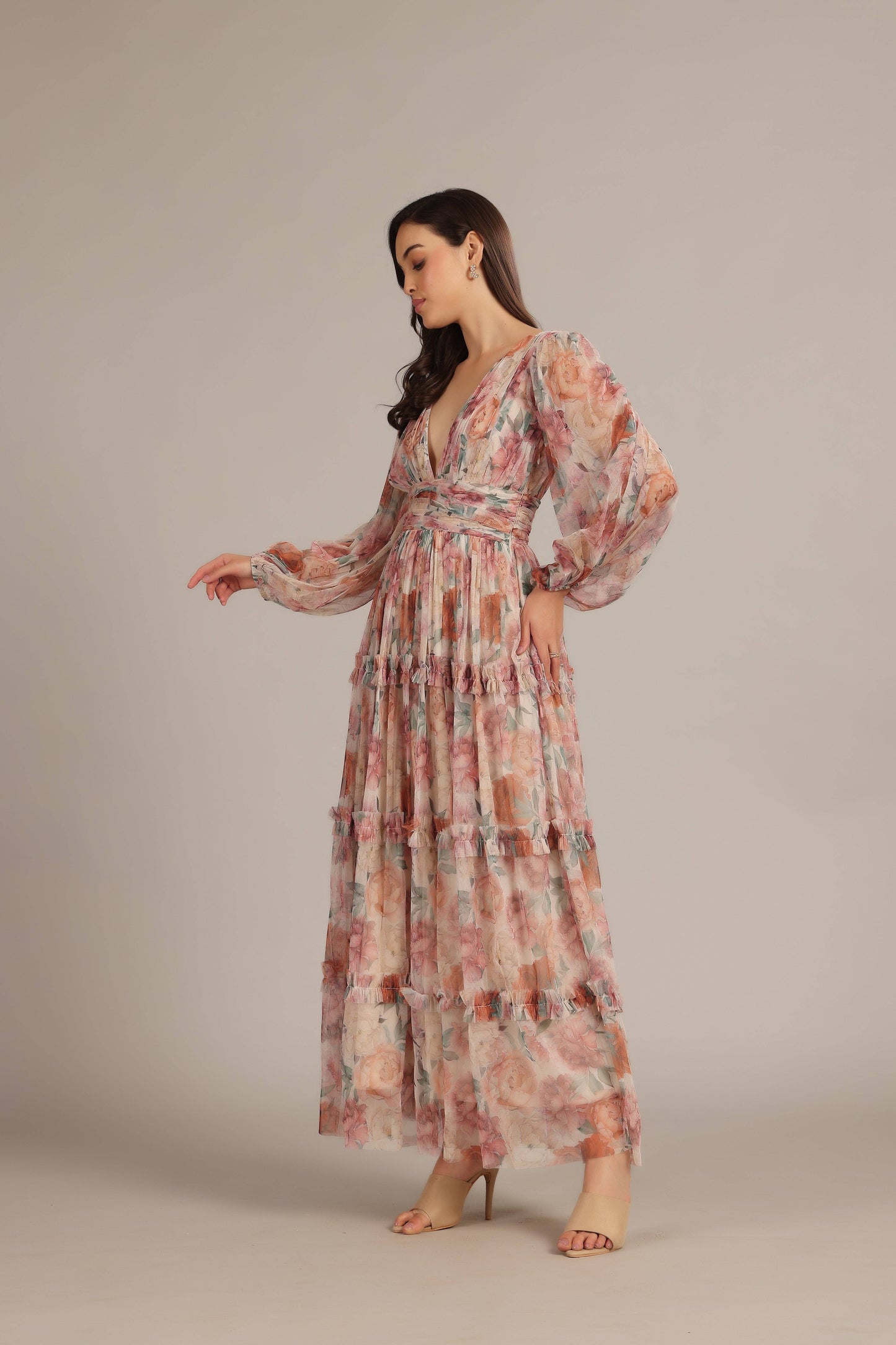 Chic Light Brown Floral Maxi Dress - Women's V-Neck Cinched Waist