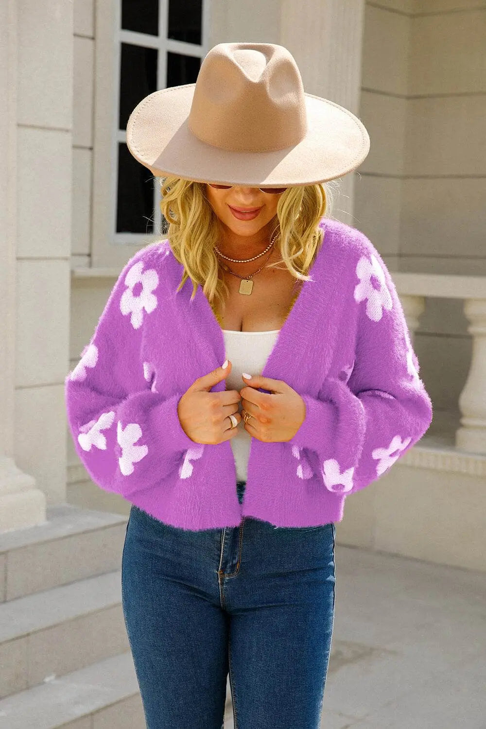 Angel Wings Floral Open Front Fuzzy Cardigan - IVORYNN
