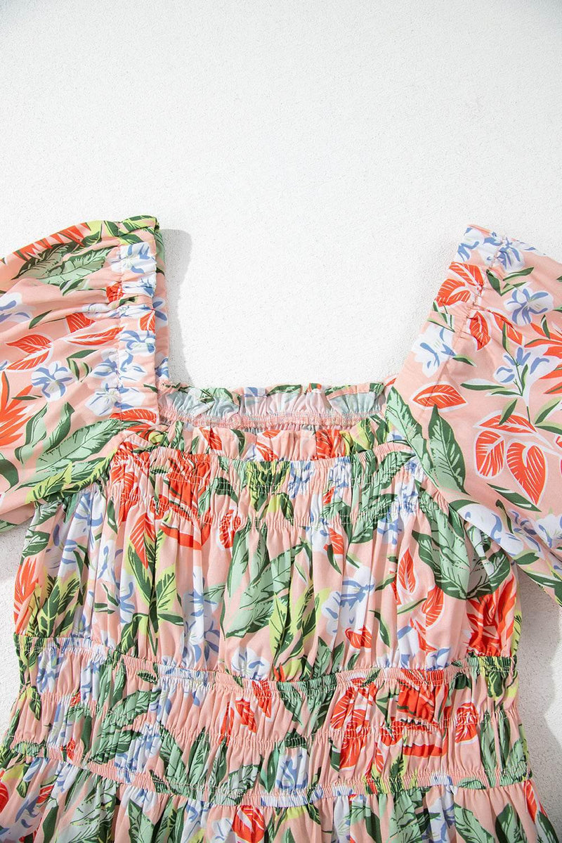 Apricot Pink Floral Knot Smocked Bubble Sleeve Dress - IVORYNN