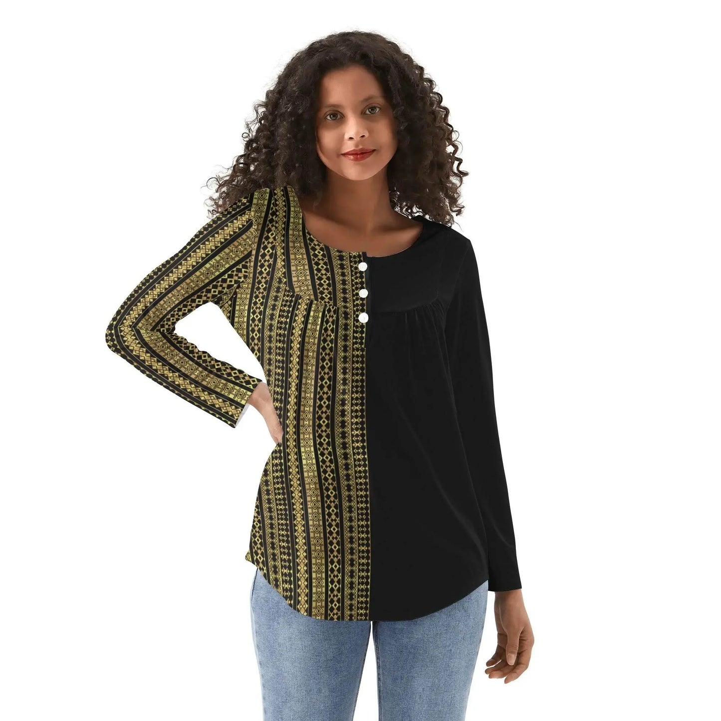 Babydoll Pattern Black Casual Neck Top - IVORYNN