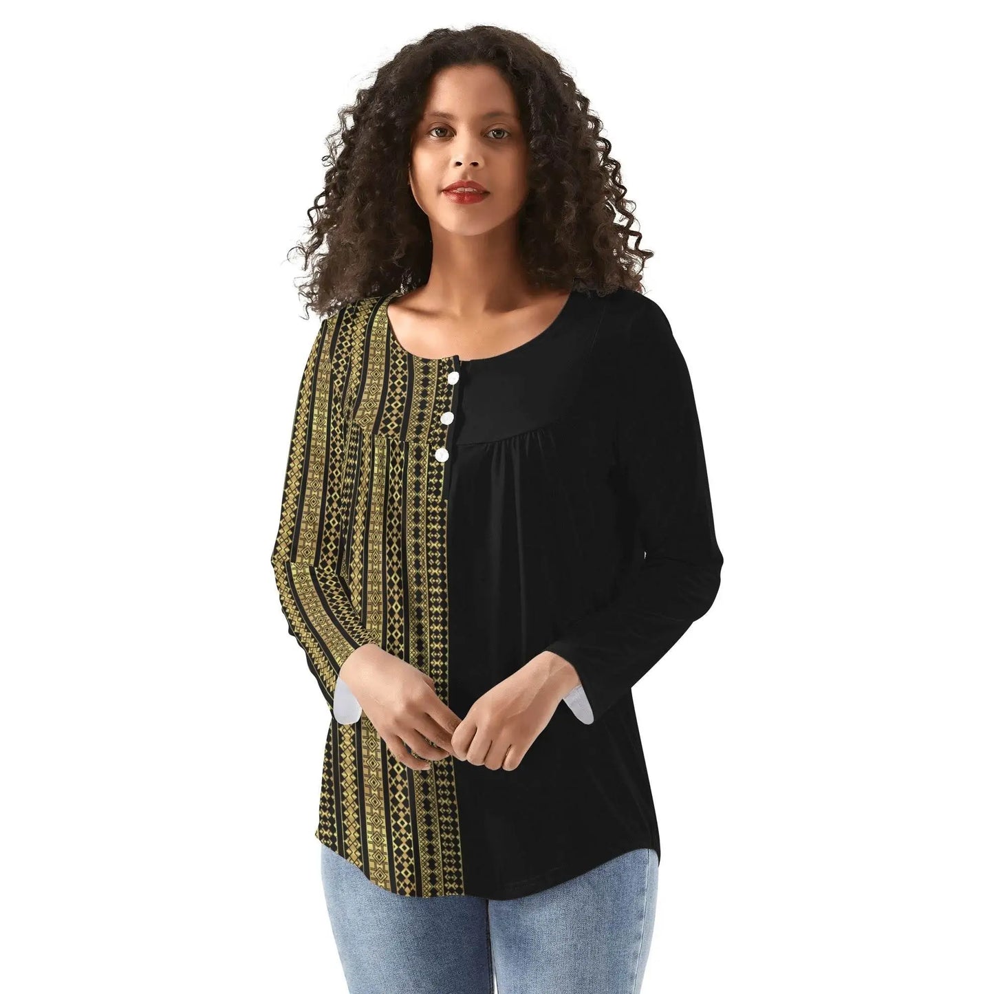 Babydoll Pattern Black Casual Neck Top - IVORYNN