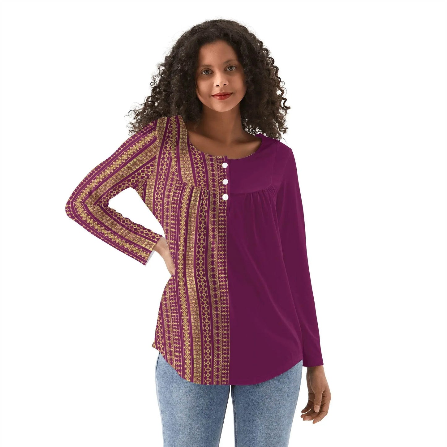 Babydoll Pattern Venetian Red Casual Neck Top - IVORYNN