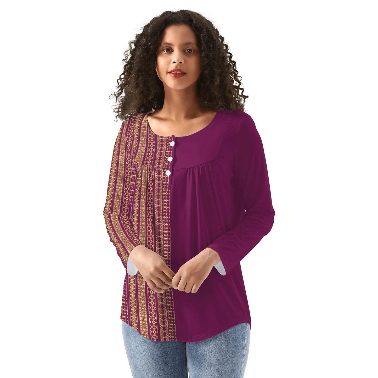 Babydoll Pattern Venetian Red Casual Neck Top - IVORYNN