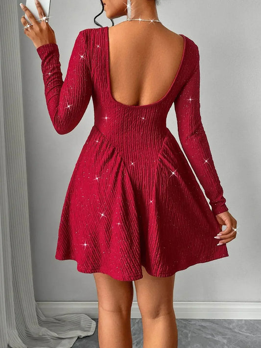 Backless Glitter Square Neck Long Sleeve Mini Dress - IVORYNN