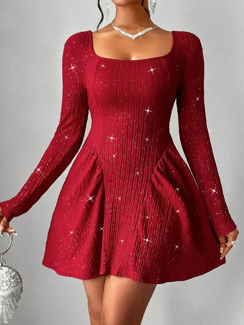 Backless Glitter Square Neck Long Sleeve Mini Dress - IVORYNN
