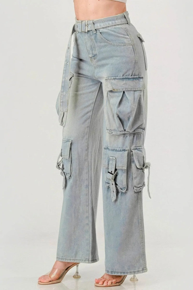 Belted Denim Cargo Luxury Jean - IVORYNN