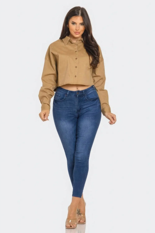 Bling Denim Button Camel Down Shirt - IVORYNN