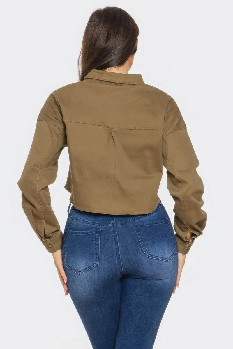 Bling Denim Button Raw Umber Down Shirt - IVORYNN