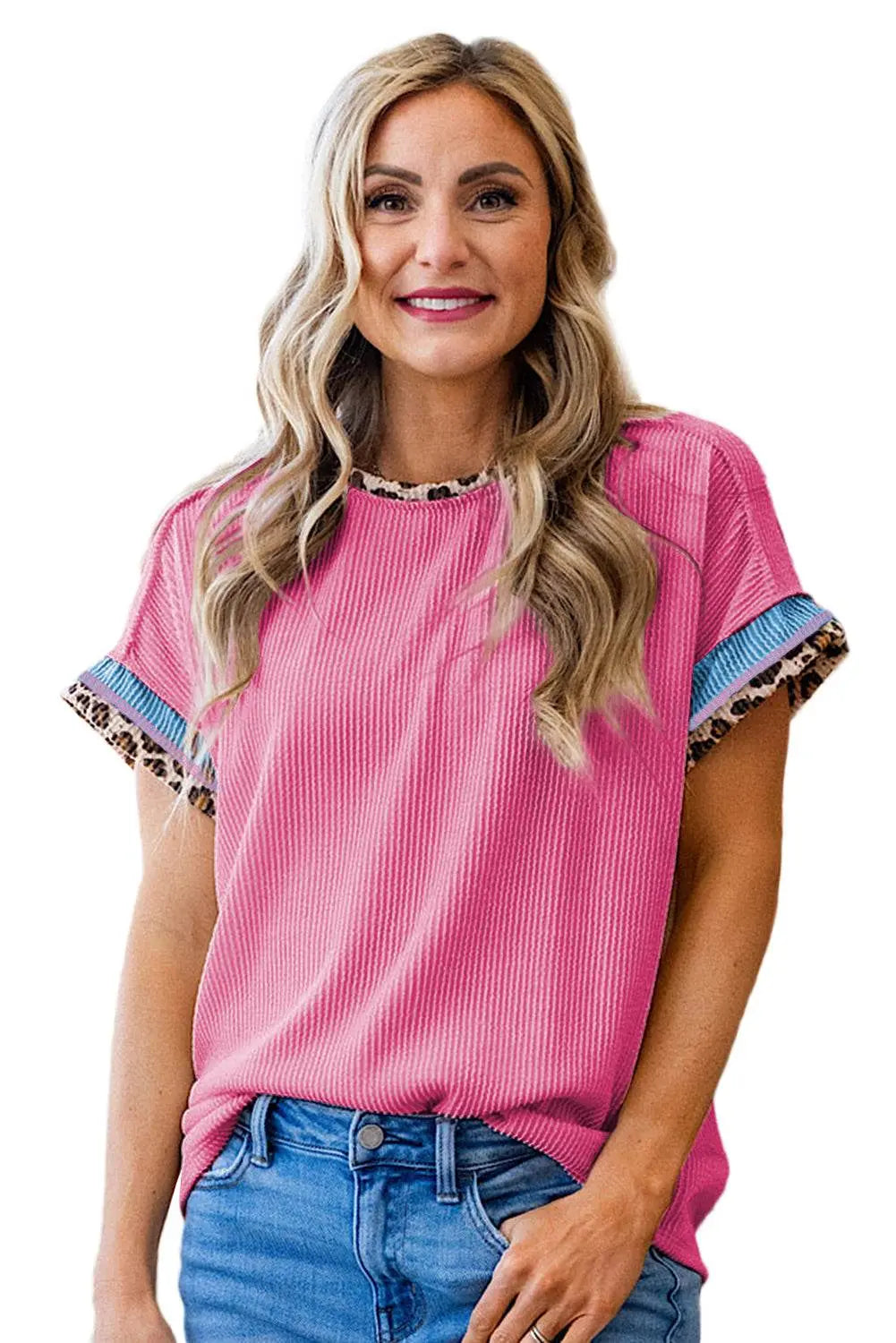 Bonbon Leopard Patchwork Corded Crew Neck T Shirt - IVORYNN