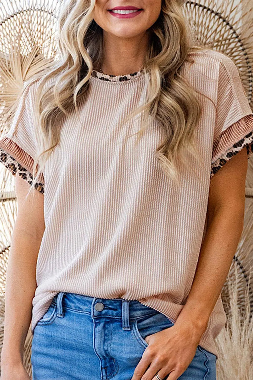 Bonbon Leopard Patchwork Corded Crew Neck T Shirt - IVORYNN