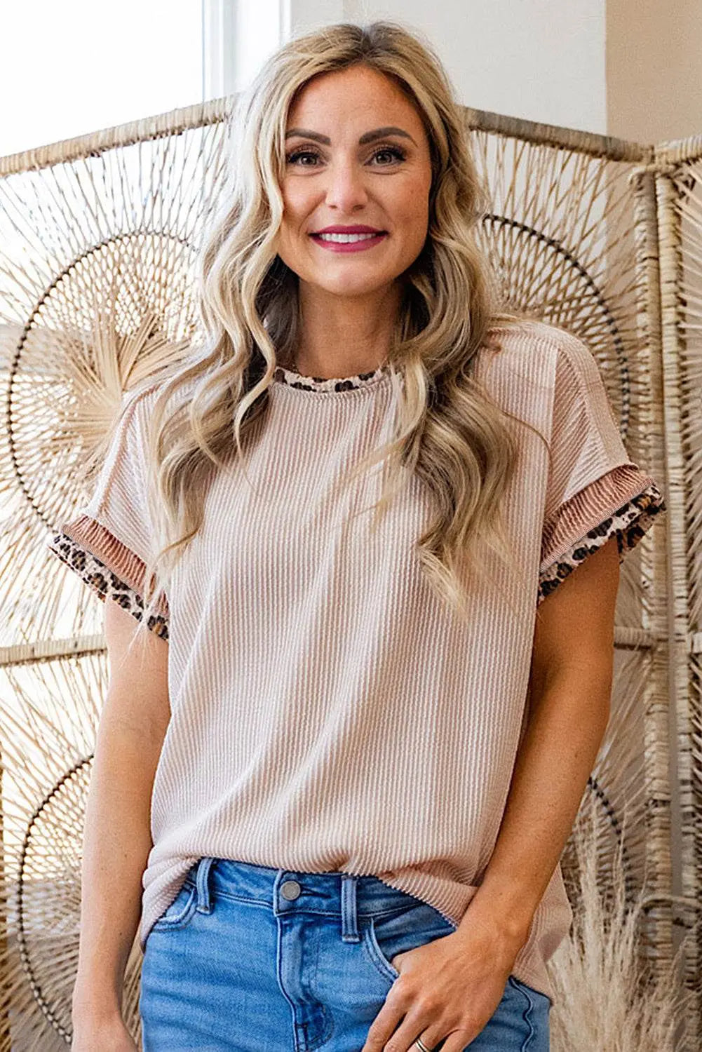 Bonbon Leopard Patchwork Corded Crew Neck T Shirt - IVORYNN