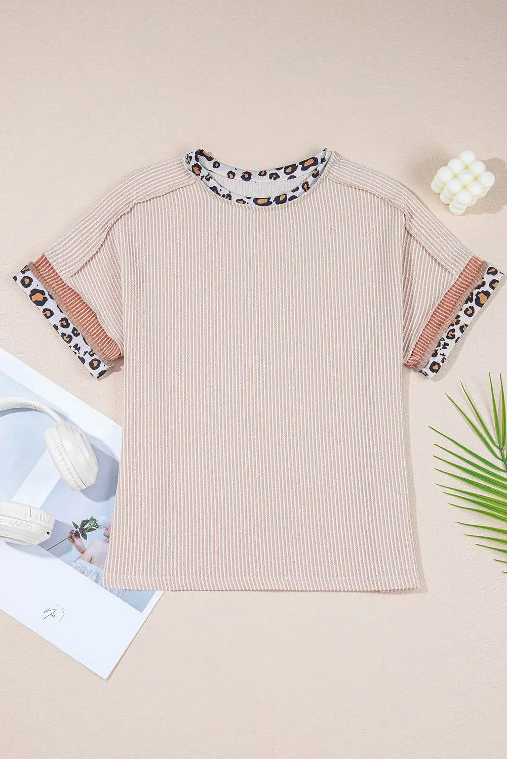 Bonbon Leopard Patchwork Corded Crew Neck T Shirt - IVORYNN