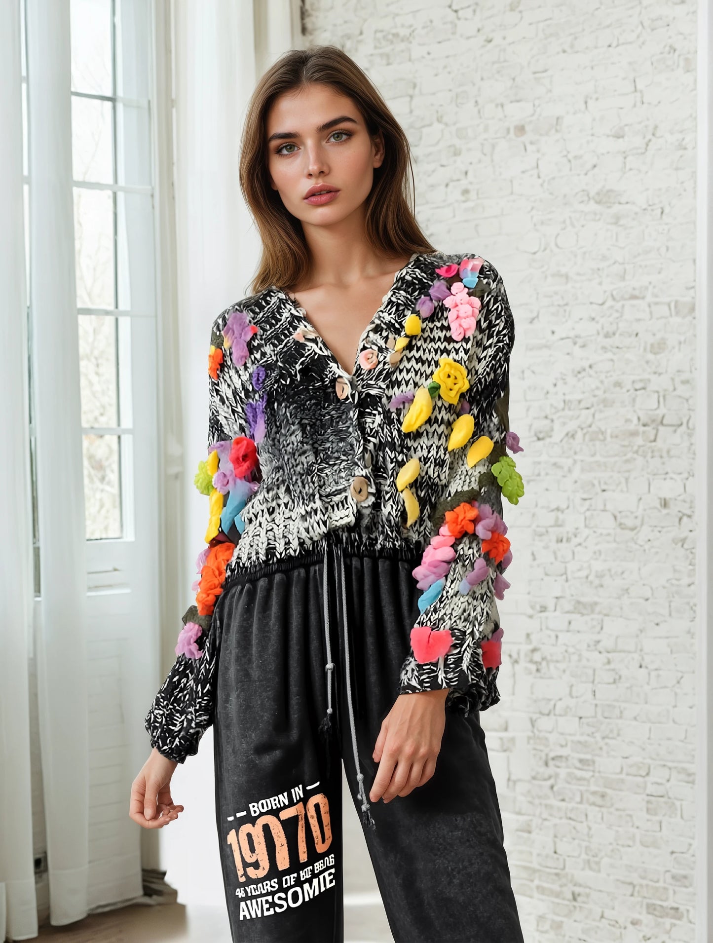Vintage Handmade Knit Hook Flower Cardigan Coat