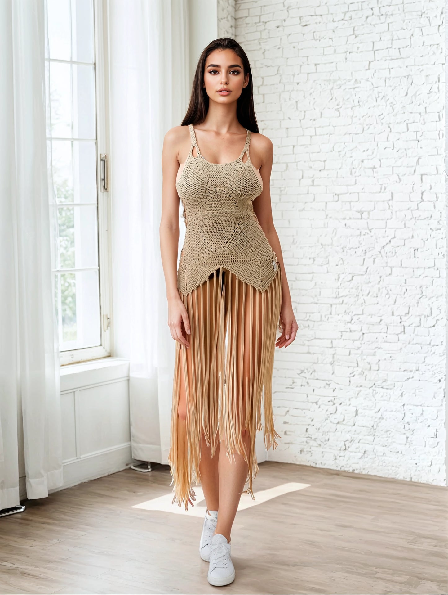 Crochet Pale Taupe Dress Bottom Fringe