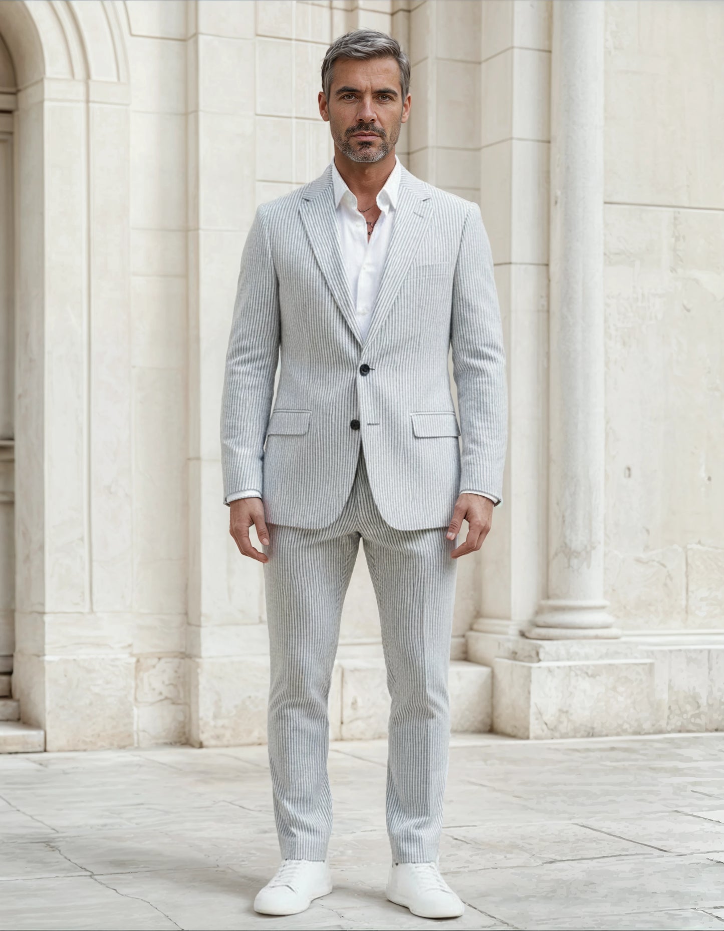 Slim Fit Two-Button Seersucker White black line Suit Set