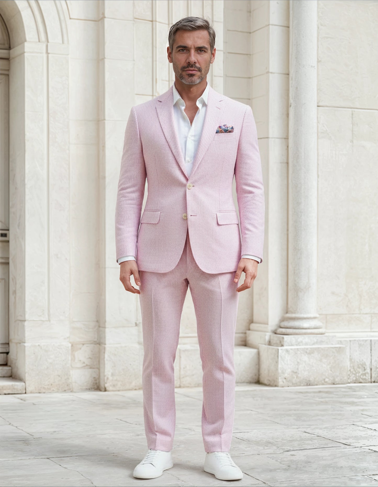 Slim Fit Two-Button Seersucker Pink Suit Set