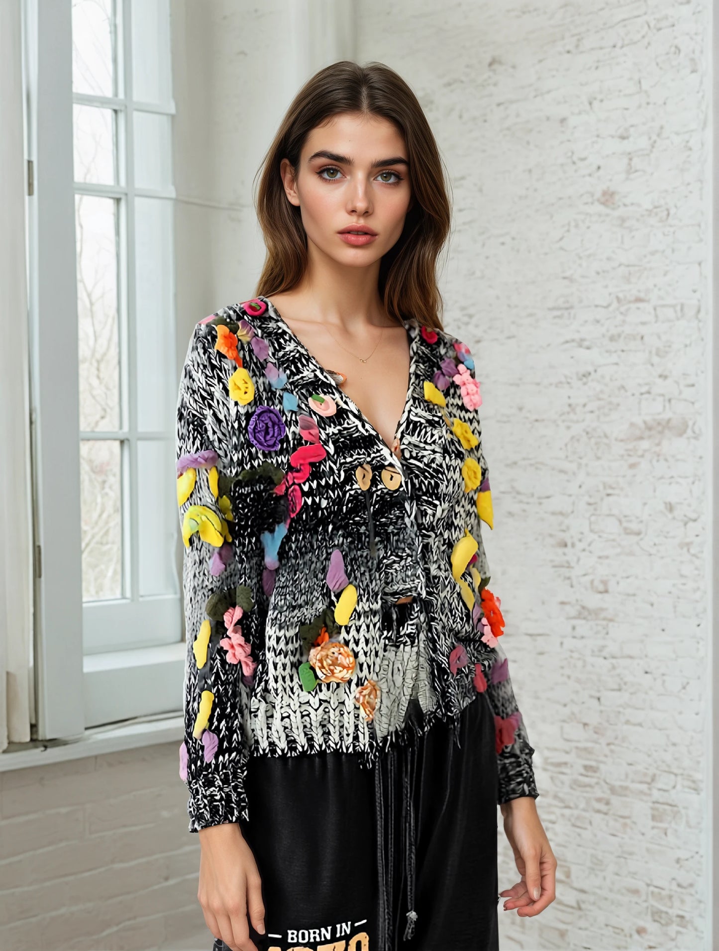 Vintage Handmade Knit Hook Flower Cardigan Coat
