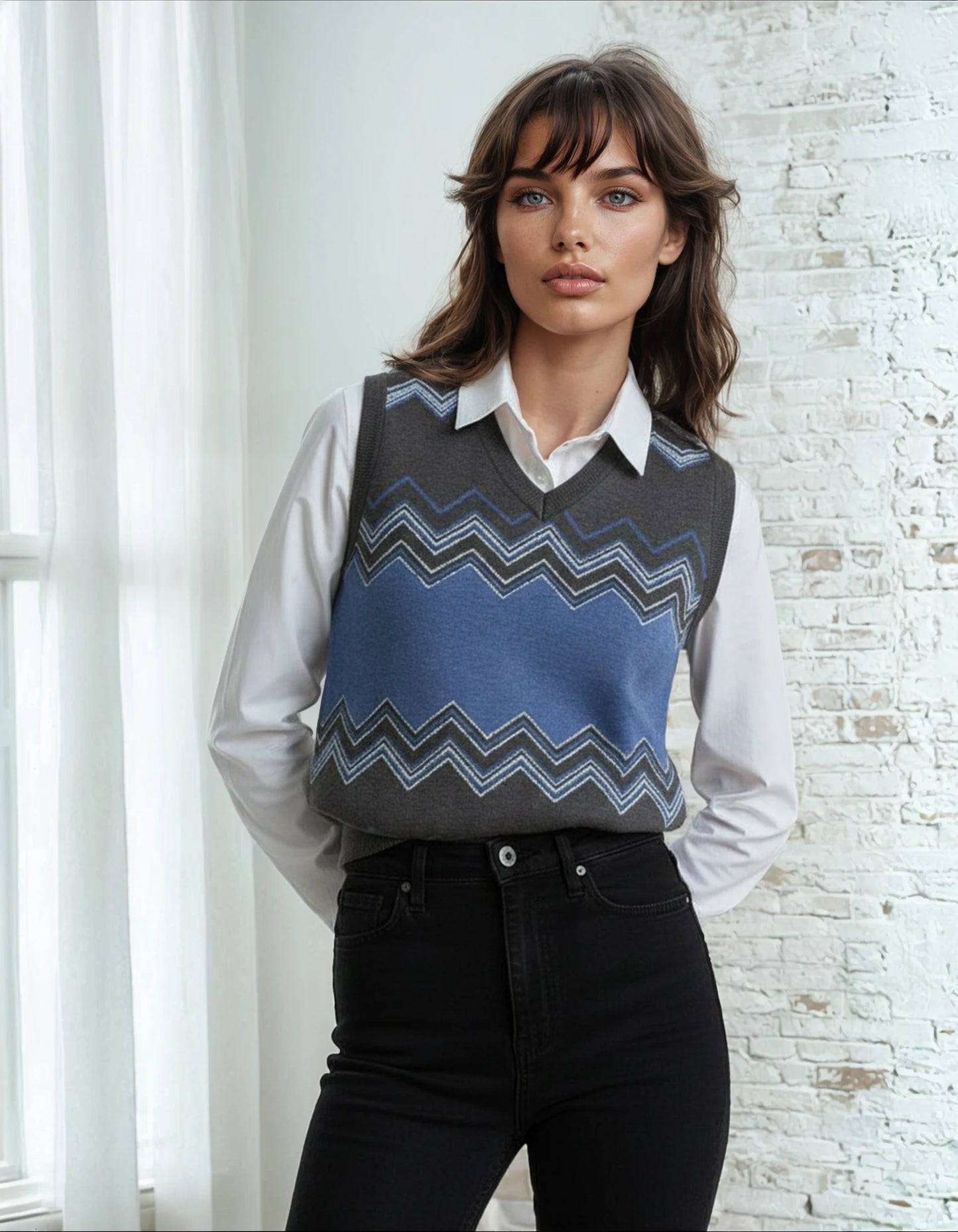 Classic Vintage V-neck Navy Gray Women Knitted vest