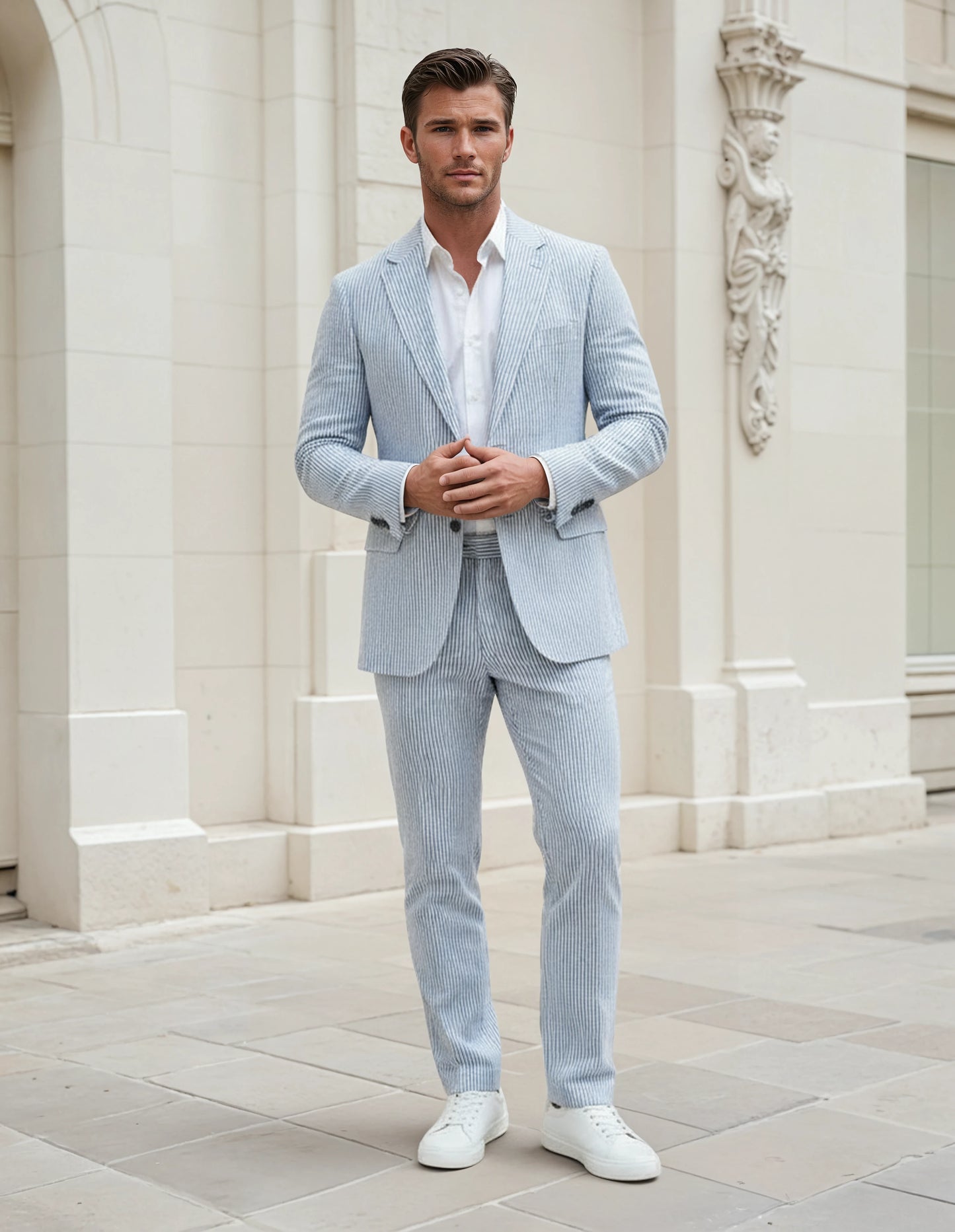 Slim Fit Two-Button Seersucker Roman Silver Suit Set