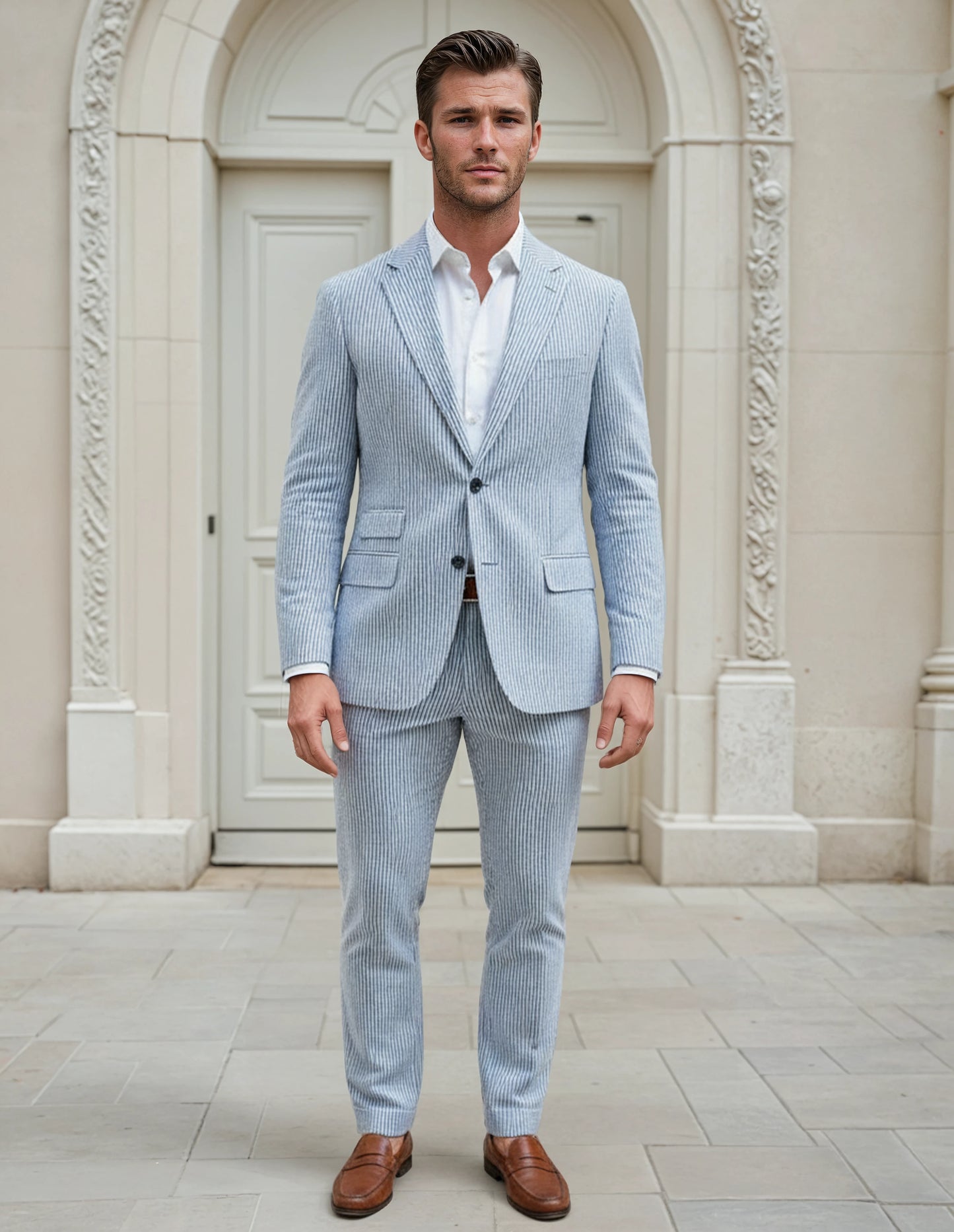 Slim Fit Two-Button Seersucker Roman Silver Suit Set