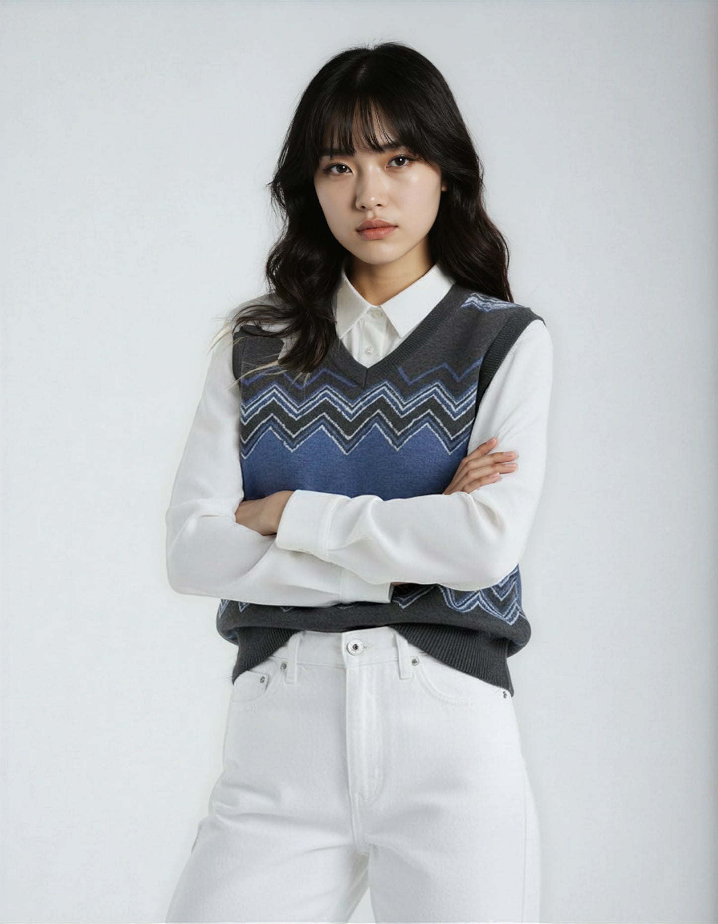 Classic Vintage V-neck Navy Gray Women Knitted vest