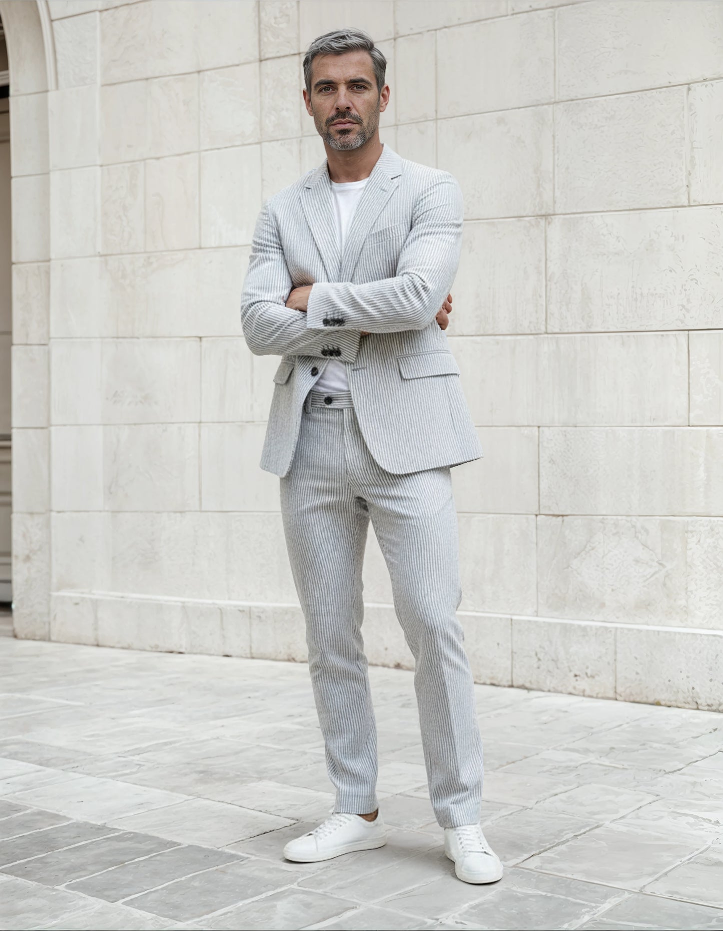 Slim Fit Two-Button Seersucker White black line Suit Set