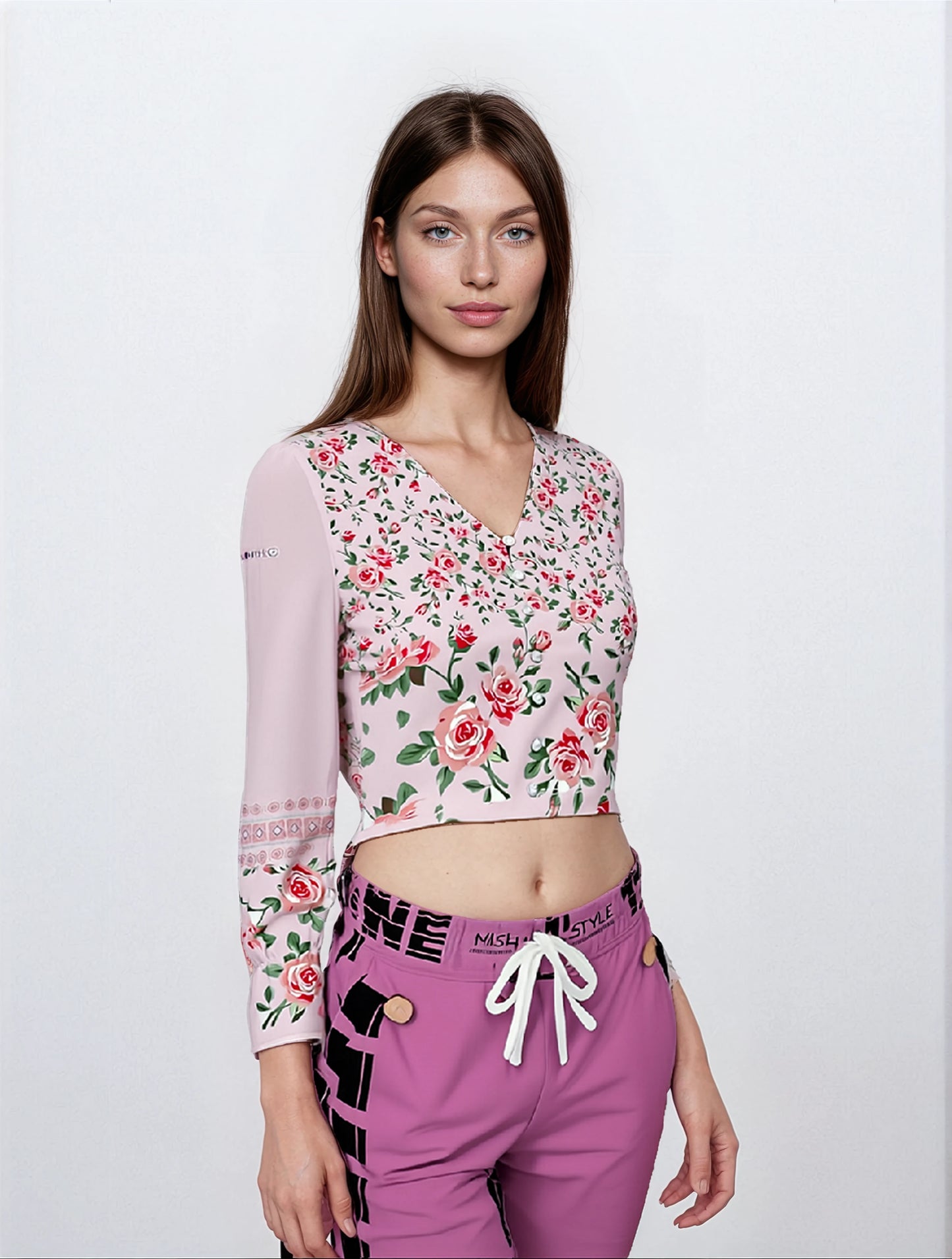Dressy Floral Long Sleeve Linen V-Neck Top