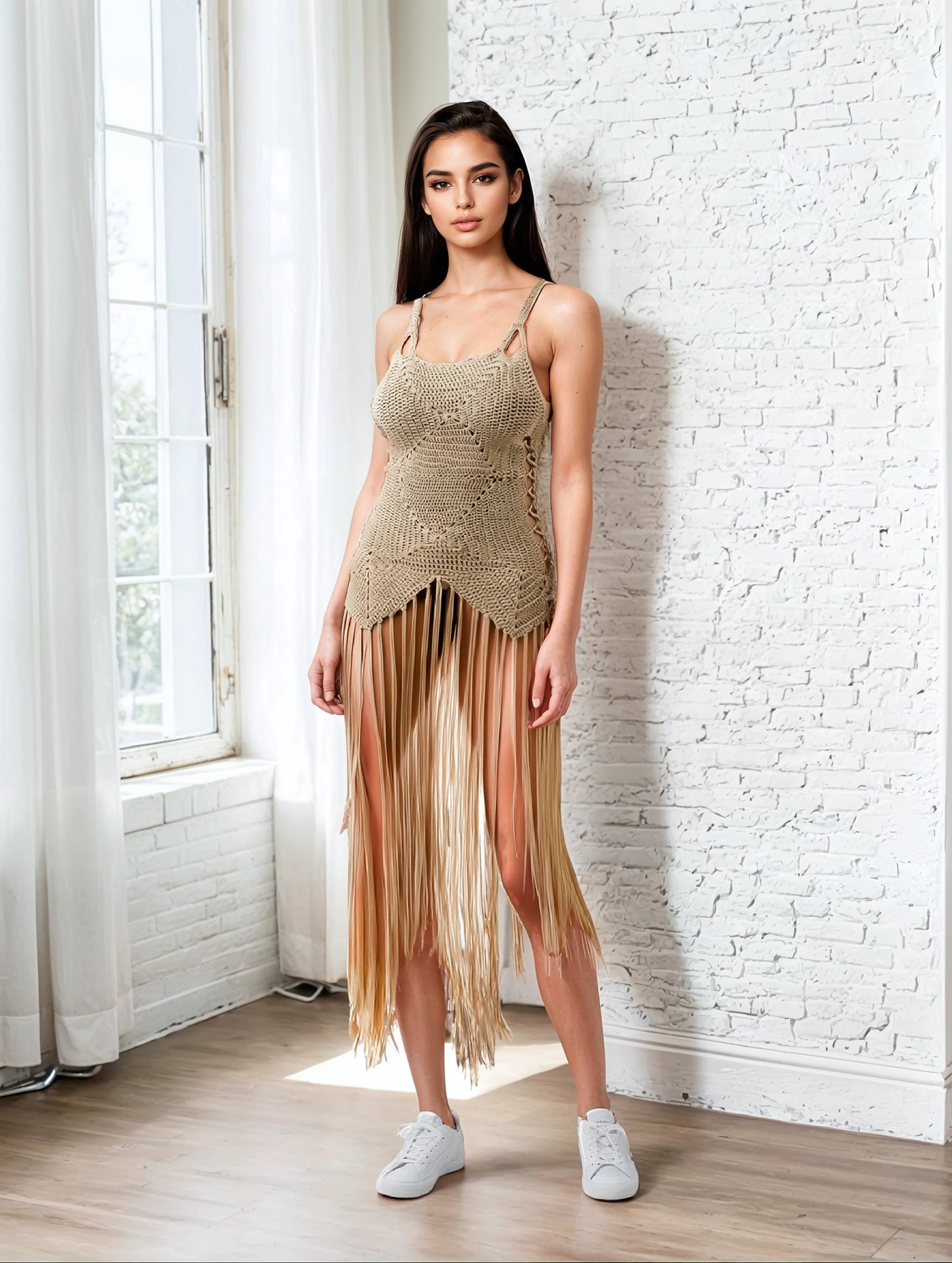 Crochet Pale Taupe Dress Bottom Fringe