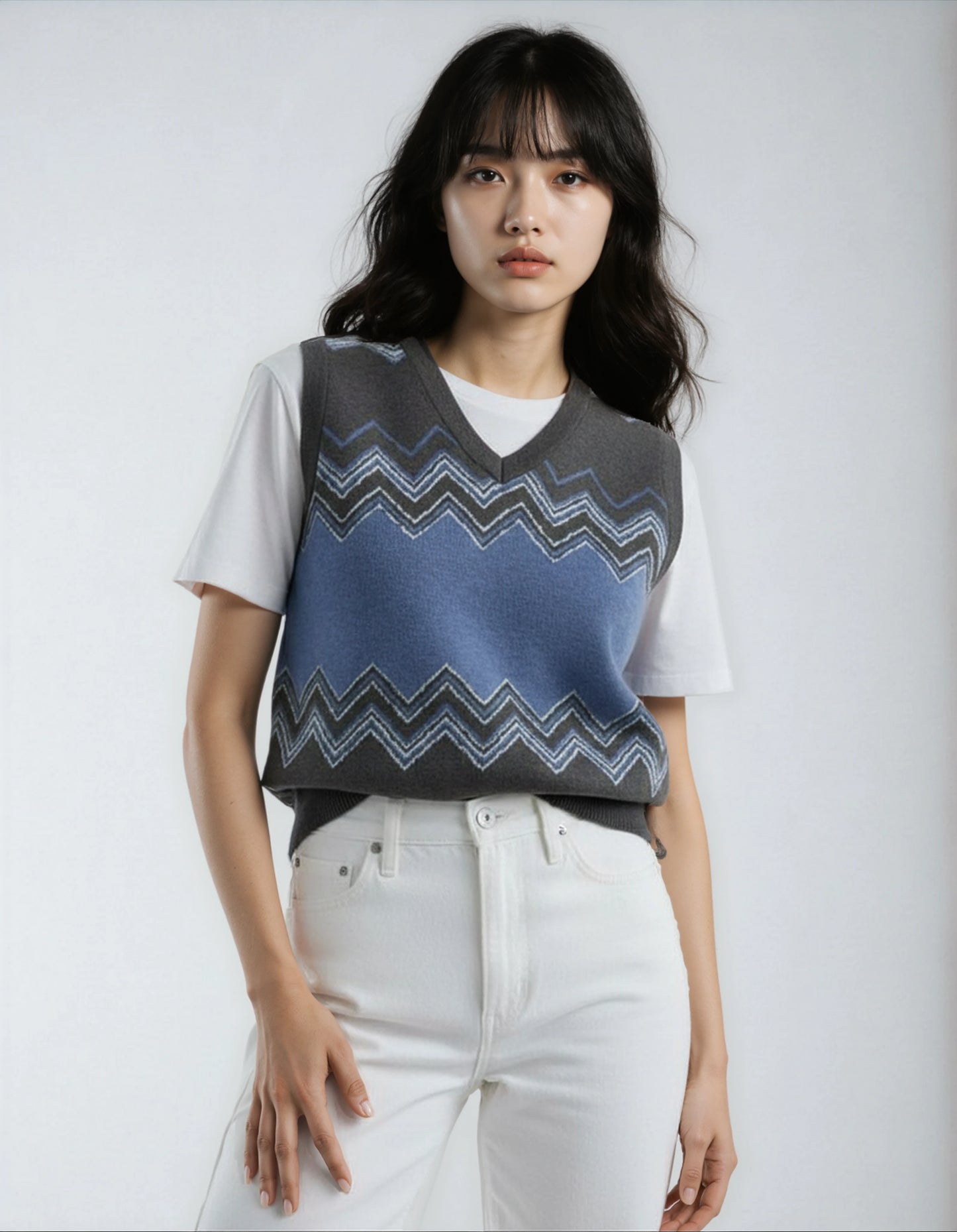 Classic Vintage V-neck Navy Gray Women Knitted vest