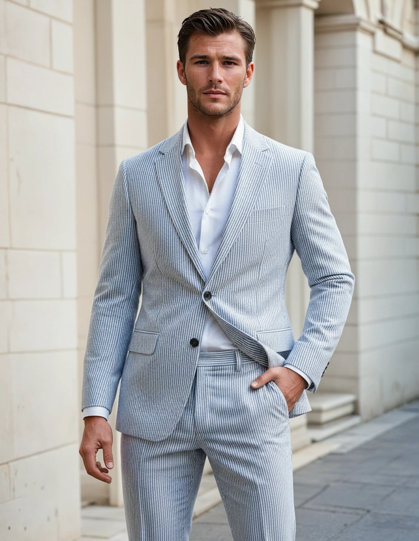 Slim Fit Two-Button Seersucker Roman Silver Suit Set