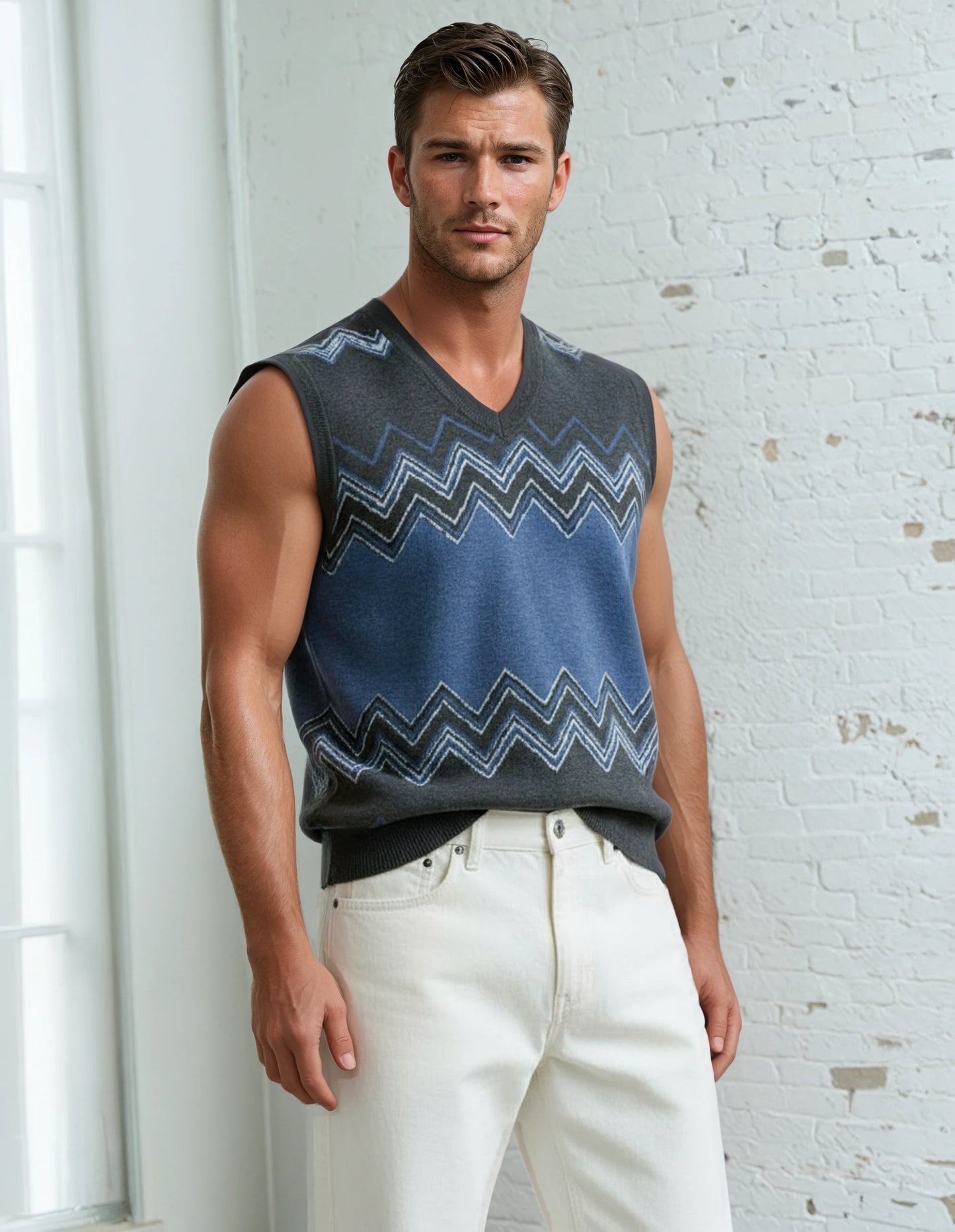 Classic Vintage V-neck Navy Gray Men Knitted vest