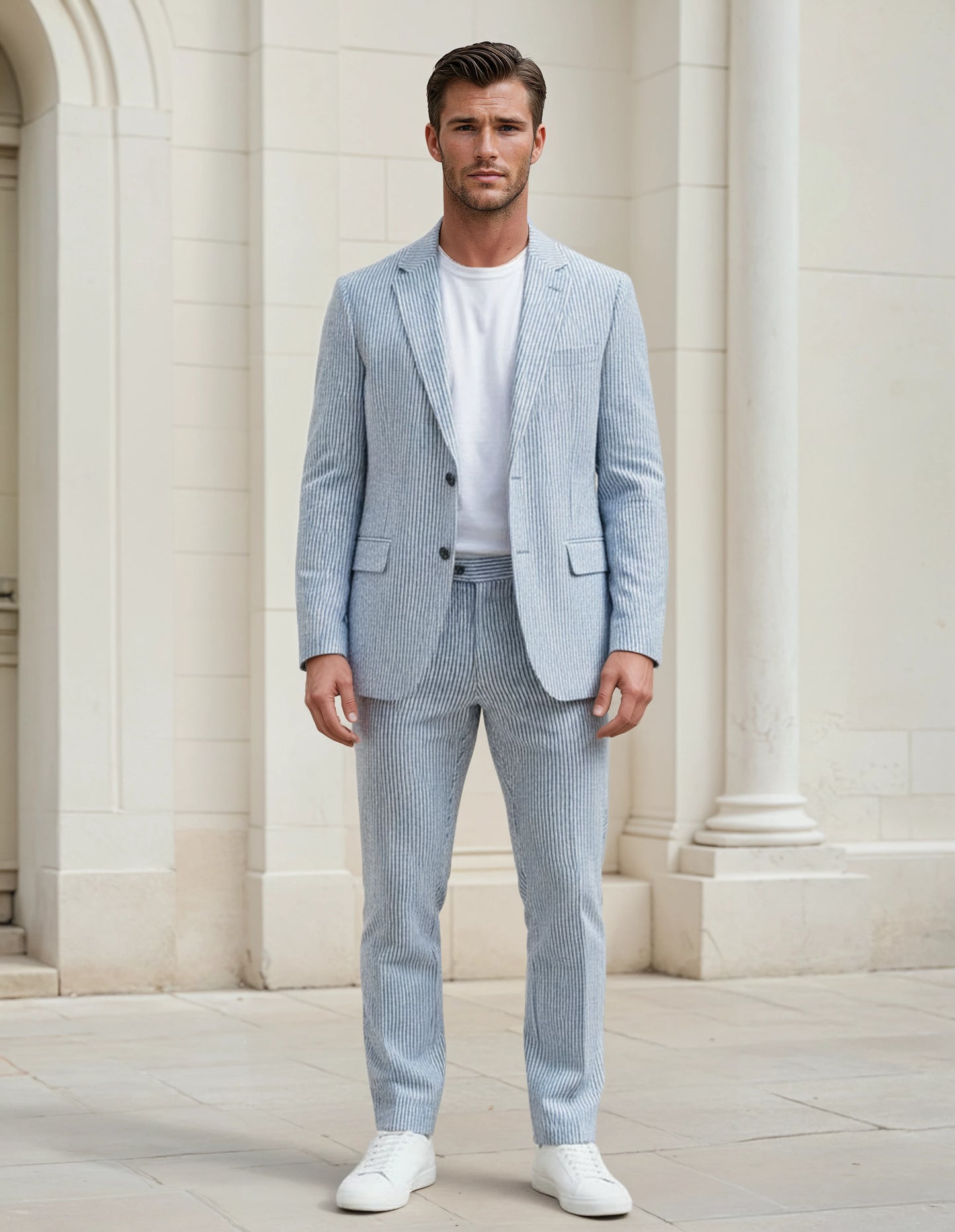 Slim Fit Two-Button Seersucker Roman Silver Suit Set