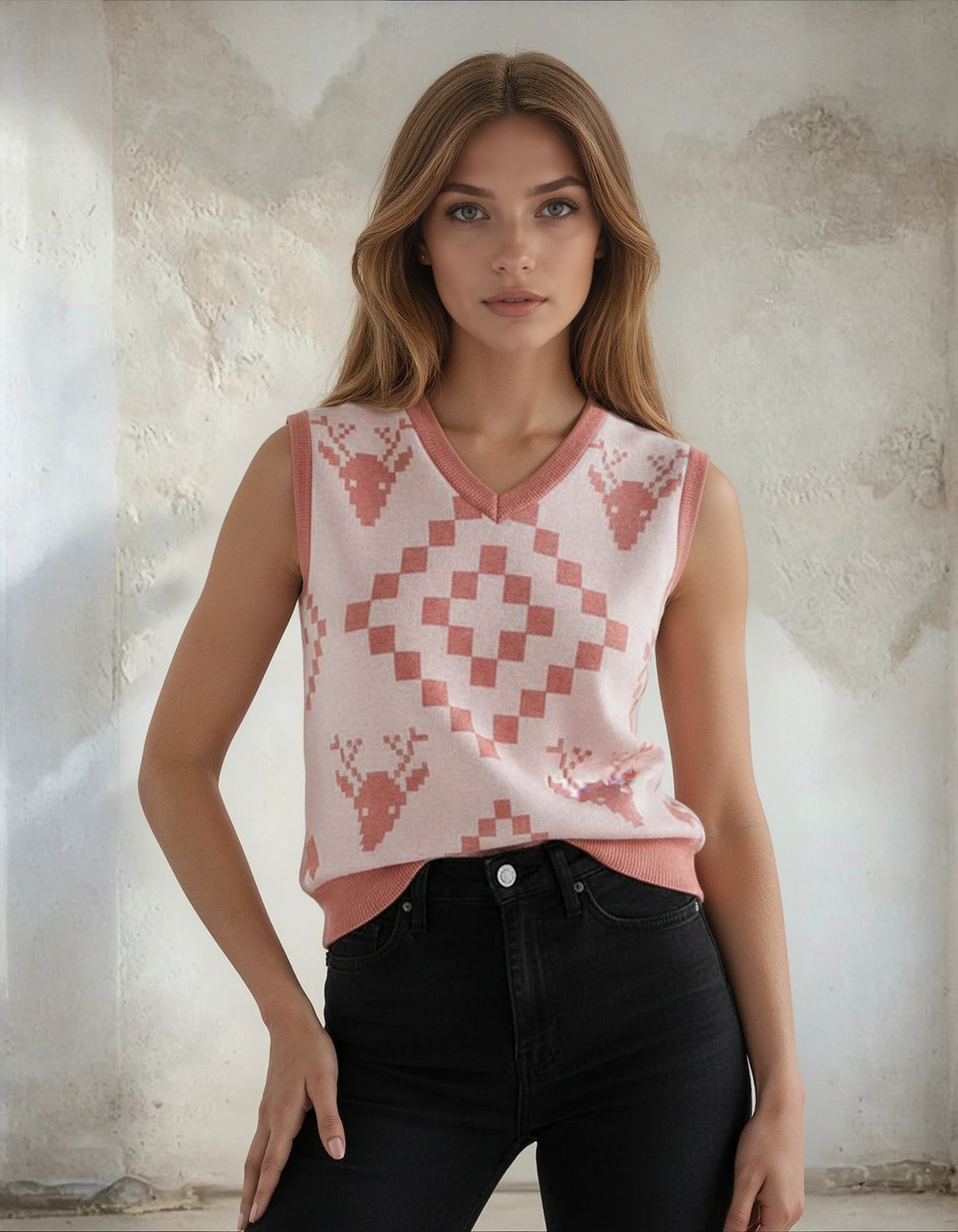 Classic Vintage V-neck Baby Pink Women Knitted vest