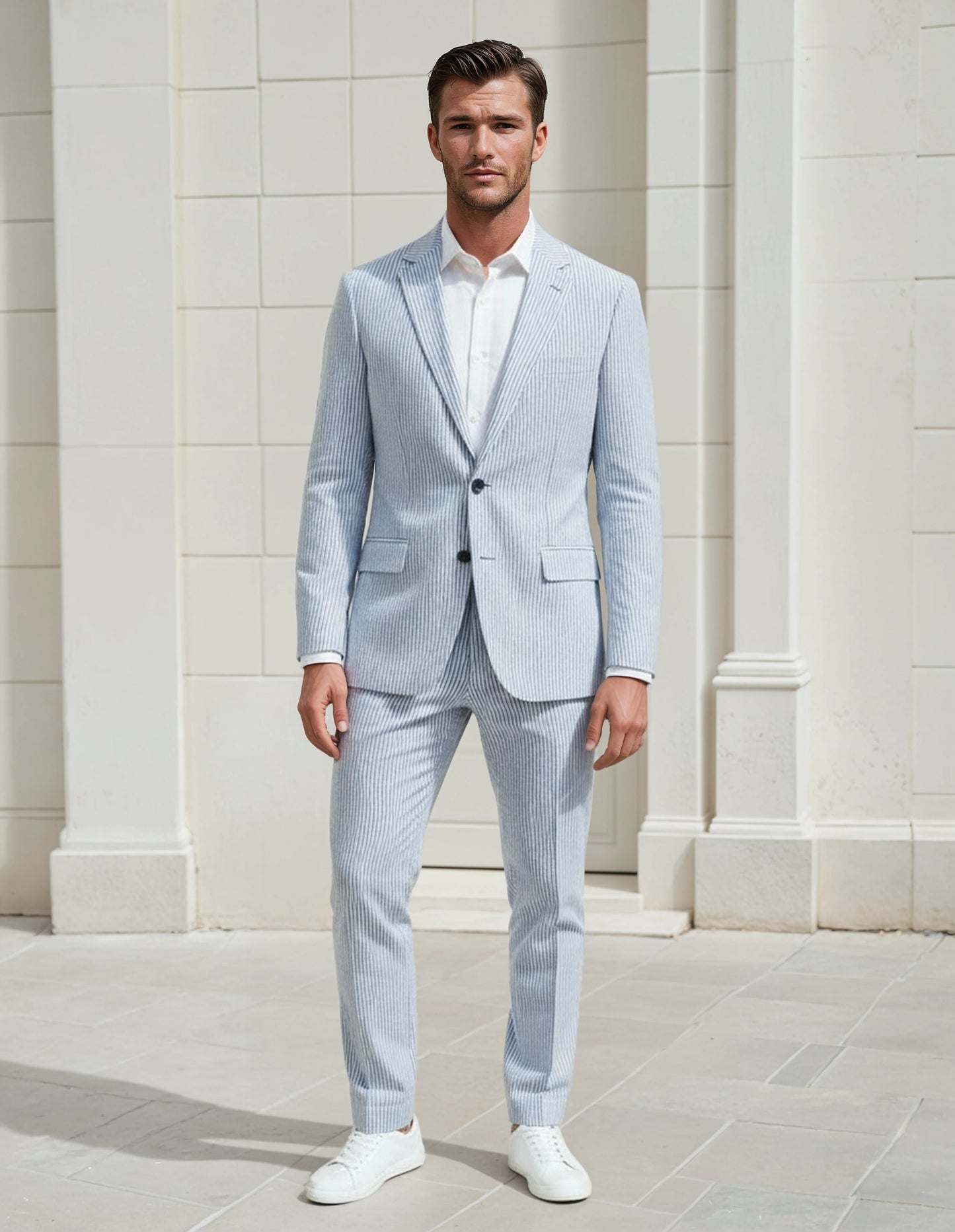 Slim Fit Two-Button Seersucker Roman Silver Suit Set