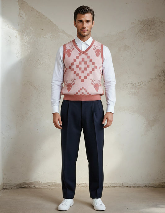 Classic Vintage V-neck Baby Pink Men Knitted vest