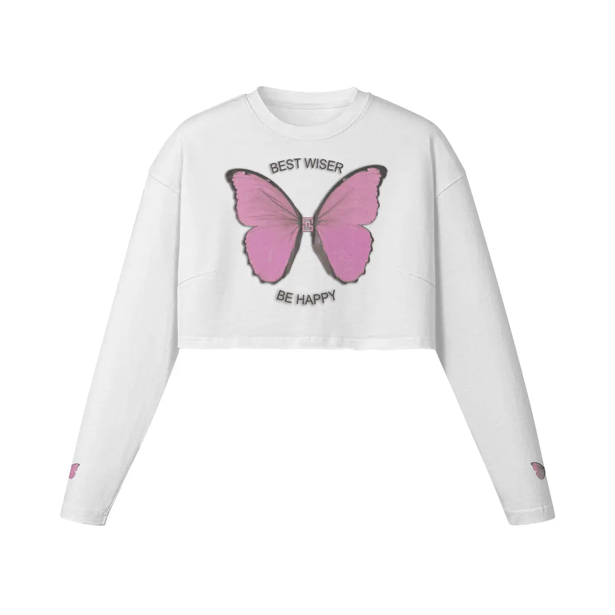 Butterfly Raw Hem Long Sleeve Crop Top - IVORYNN