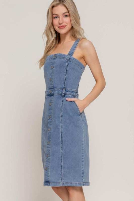 Button Down Placket Stretch Denim Dress - IVORYNN