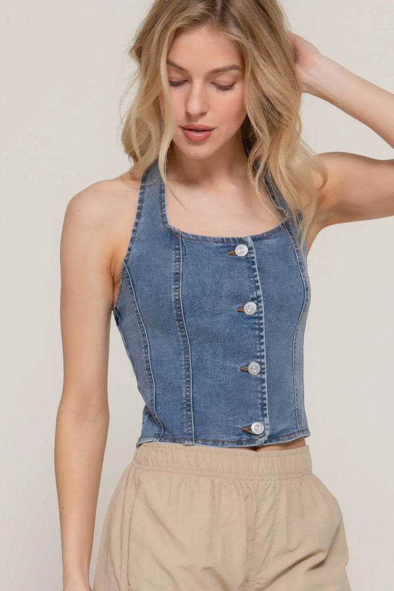 Button Down Stretch Denim Halter Top - IVORYNN