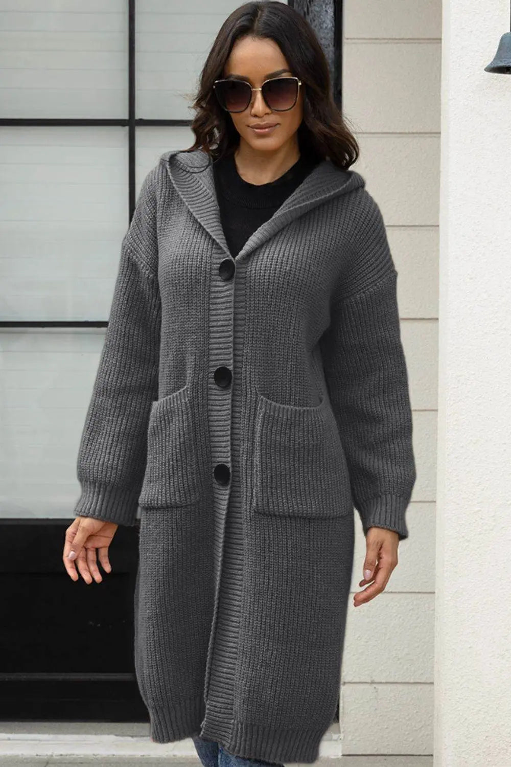 Button Up Long Sleeve Hooded Cardigan with Pockets - IVORYNN