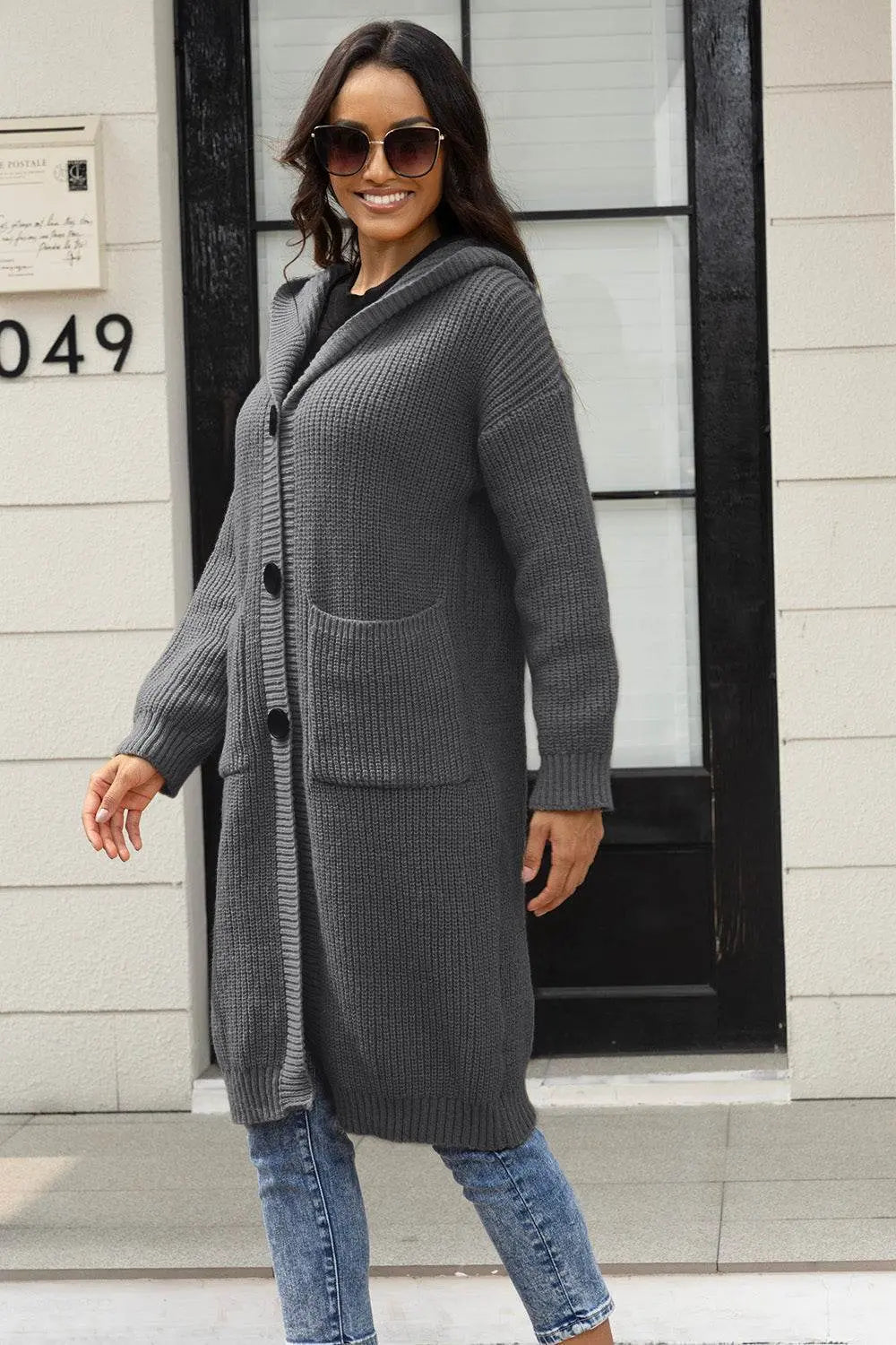 Button Up Long Sleeve Hooded Cardigan with Pockets - IVORYNN