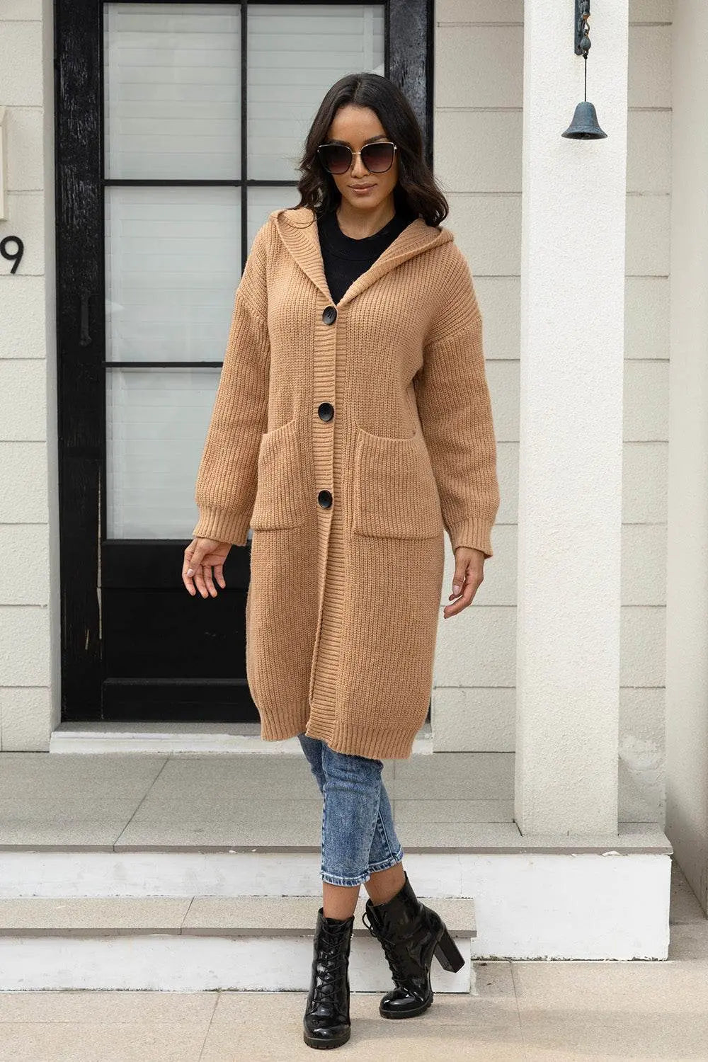 Button Up Long Sleeve Hooded Cardigan with Pockets - IVORYNN