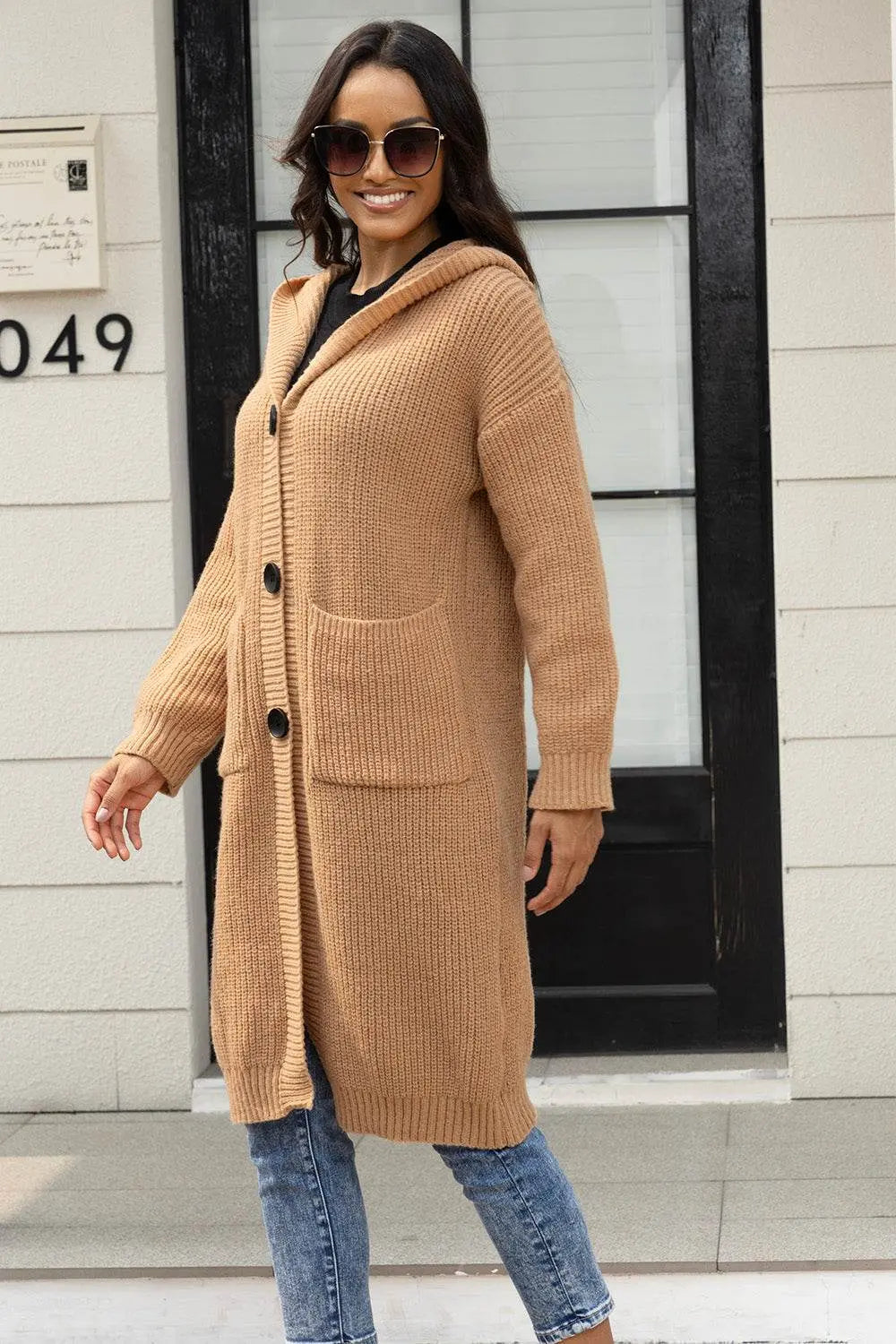 Button Up Long Sleeve Hooded Cardigan with Pockets - IVORYNN