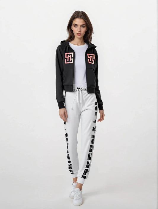 COWT Cropped Zip-Through Black Sweatshirt - IVORYNN